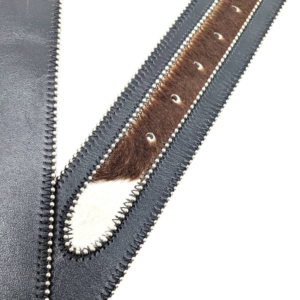 Leather Fur Rhinestone Western Belt Womens Medium Boho Black Brown White - Picture 5 of 7